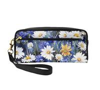 Wild Flowers and Cornflowers Daisies Printed Makeup Bag for Women Travel PU Leather Cosmetic Bag with Wristlet Toiletry Bag
