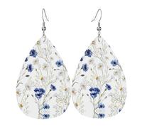 Wild Flowers And Cornflowers Daisies Printed Teardrop Pendant Leather Earrings | Lightweight and Versatile Earrings | Suitable for Daily Commute and Date Wear