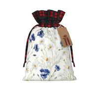 Wild Flowers And Cornflowers Daisies Printing Color Matching Plaid Drawstring Christmas Bag With Kraft Tag 4.7x6.9 In For Halloween