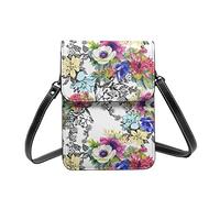Wild Flowers Birds Leaves Branches Pu Leather Small Crossbody Bag, Stylish Multicolor Handbag With Adjustable Strap, Fits Most Cell Phone Purse Smartphone Wallet Bags.