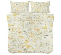 Wild Flowers Double Bedding - Yellow Floral Duvet Cover Set - Rustic Reversible Duvet Set with 2 Pillowcases, Soft Microfibre Quilt, Zipper Closure (200 x 200cm) Qd103