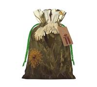 Wild Flowers Printed Christmas Drawstring Bags,M | Reusable Xmas Gift Storage Bags, Green Christmas Ribbon