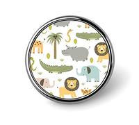 Wild Forest with Animals Hippo, Crocodile, Lion, Elephant and Giraffe Round Brooch Pin, Unisex Smooth Lapel Tie Pin, Lightweight Badge Jewelry Crafts Decor for Costume Accessory Men Women