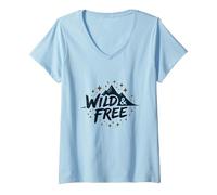 Wild & Free Mountain Adventure Starry Night V-Neck T-Shirt, Women, Baby Blue, XXL