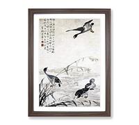Wild Geese By Bian Shoumin Asian Japanese Framed Wall Art Print, Ready to Hang Picture for Living Room Bedroom Home Office Décor, Walnut A4 (34 x 25 cm)