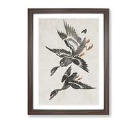 Wild Geese In Flight By Bian Shoumin Asian Japanese Framed Print | A2 Walnut Framed Wall Art | Ready to Hang | Asian Nature Picture | Living Room Bedroom Lounge Office