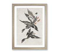 Wild Geese In Flight By Bian Shoumin Asian Japanese Framed Print | A4 Oak Framed Wall Art | Ready to Hang | Asian Nature Picture | Living Room Bedroom Lounge Office