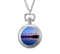Wild Geese On A Blue Evening Pocket Watch Vintage Quartz Pocket Watches with Chain for Men Women Silver-Style