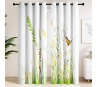 Wild Grass Butterfly Minimalist Blackout Curtains for Bedroom, Thermal Insulated Eyelet Window Drapes for Living Room Darkening, Floral Eyelet Curtains Privacy Protection, 2 Panels Set, 90 x 90