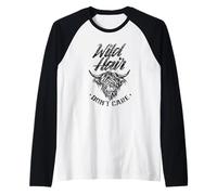 Wild Hair Don't Care Scottish Animal Highland Cattle Cow Raglan Baseball Tee