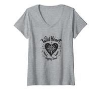 Wild Heart Gypsy Soul Bohemian Spirit Celestial V-Neck T-Shirt, Women, Heather Grey, S
