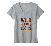 Wild Hearted Cowgirls Western Spirit Rustic Desert Horse V-Neck T-Shirt, Women, Heather Grey, L