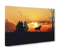 Wild Horse Sunset Birds Landscape Canvas Print | Gallery Wrapped 30mm Frame Wall Art | 24x16 inches | Ready to Hang | Modern Animals Picture | Living Room Bedroom Lounge Office