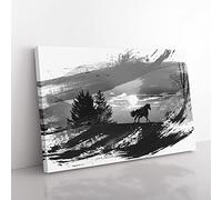 Wild Horse Sunset Birds Landscape V1 Modern Canvas Wall Art Print Ready to Hang, Framed Picture for Living Room Bedroom Home Office Décor, 76x50 cm (30x20 Inch)