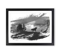 Wild Horse Sunset Birds Landscape V1 Modern Framed Print | A3 Black Framed Wall Art | Ready to Hang | Modern Animal Picture | Living Room Bedroom Lounge Office