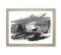 Wild Horse Sunset Birds Landscape V1 Modern Framed Print | A4 Oak Framed Wall Art | Ready to Hang | Modern Animal Picture | Living Room Bedroom Lounge Office