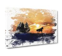 Wild Horse Sunset Birds Landscape V3 Canvas Print | Gallery Wrapped 30mm Frame Wall Art | 30x20 inches | Ready to Hang | Modern Animals Picture | Living Room Bedroom Lounge Office