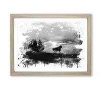 Wild Horse Sunset Birds Landscape V4 Modern Framed Wall Art Print, Ready to Hang Picture for Living Room Bedroom Home Office Décor, Oak A4 (34 x 25 cm)