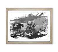 Wild Horse Sunset Birds V1 Modern Framed Print | A3 Oak Framed Wall Art | Ready to Hang | Modern Animal Picture | Living Room Bedroom Lounge Office