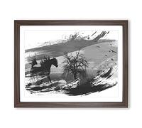 Wild Horse Sunset Birds V1 Modern Framed Print | A3 Walnut Framed Wall Art | Ready to Hang | Modern Animal Picture | Living Room Bedroom Lounge Office