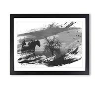 Wild Horse Sunset Birds V1 Modern Framed Print | A4 Black Framed Wall Art | Ready to Hang | Modern Animal Picture | Living Room Bedroom Lounge Office