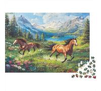 Wild Horses Galloping-Mountain Landscape Painting Style 1000pc Jigsaw with Perfect Snap Fit Colourful Jigsaws for An After-school Puzzle Activity for Children And Parents 38x26cm/1000pcs
