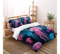 Wild Jellyfish Bedding Set 3D Printed Deep Sea Creatures Teens Three-piece Set UltraSoft Microfiber Includes 2 Pillowcases ZipperClosure King（220x240cm）