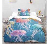 Wild Jellyfish Quilt Cover for Bedding 3D Printed Deep Sea Creatures Adults 2 Pcs UltraSoft Microfiber Includes 1 Pillowcases ZipperClosure Single（135x200cm）
