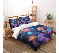 Wild Jellyfish Quilt Cover for Bedding 3D Printed Deep Sea Creatures Boys Girls Three-piece Set Microfiber Includes 2 Pillowcases Invisible Zipper King（220x240cm）