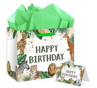 Wild Jungle Animal Birthday Gift Bag Large Wild Animal Wrapping Bag Zoo Woodland Theme Gift Bag with Greeting Card Tissue Paper for Kids Boys Girls Baby Shower Christmas Safari Party Supplies