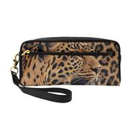 Wild Leopard Animal Printed Leather Makeup Bags with Wrist Strap Portable Travel Toiletry Bag Cosmetic Organizer Bag for Women
