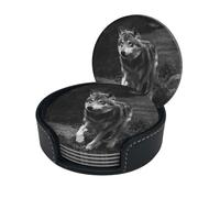 Wild Life Wolf Print Coasters For Drinks With Holder Set Of 6, Pu Leather Coasters Drink Coasters Cup Pad Mats