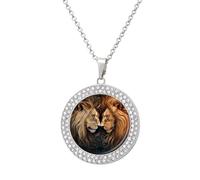Wild Lion Couple Print Multicolored Diamond Necklace Dainty Round Pendants Jewelry for Women Silver-style
