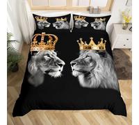 Wild Lion Duvet Cover Double Size,Gold King and Queen Crown Print Comforter Cover for Adults Kids Bedroom Decor,Tropical African Animal Black Decorative Bedding Set 2 Pillowcases,No Comforter