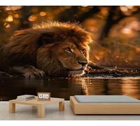 Wild Lion Mural Wallpaper Waterside Lion Wall Murals 3D Wild Animals Mural Nature Themed Murals Not Peel and Stick Wallpaper for Bedroom Living Room Nursery 430 x 300 cm
