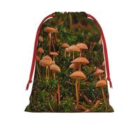 Wild Mushroom Print Christmas Drawstring Gift Bags, Xmas Holiday Fabric Gift Wrapping Bag For Party, Size-L