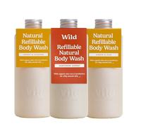 Wild Natural Refillable Body Wash 300ml - 3 Pack of Shower Gel Refills in a Variety of Scents - Includes Honey & Almond, Amber & Oud and Santorini Sunset Scents