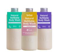Wild Natural Refillable Body Wash 300ml - 3 Pack of Shower Gel Refills in a Variety of Scents - Includes Coconut & Vanilla, Fresh Cotton and Energise Scents