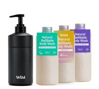 Wild Natural Refillable Body Wash Starter Kit - Black Aluminium Case & 3 Pack of Shower Gel Refills in a Variety of Scents - Includes Coconut & Vanilla, Fresh Cotton & Energise Scents