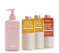 Wild Natural Refillable Body Wash Starter Kit - Rose Pink Aluminium Case & 3 Pack of Shower Gel Refills in a Variety of Scents - Includes Honey & Almond, Amber & Oud and Santorini Sunset Scents