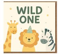Wild One 1st Birthday Card - Cute Safari Animals with Giraffe, Lion and Zebra - Jungle Theme First Birthday Card for Boys or Girls
