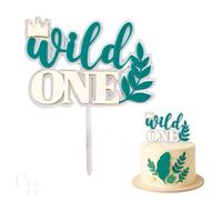 Wild One Acrylic Cake Topper, Double Layer Design Clear and Green with Gold Letters, 6.2 x 5.5 Inch