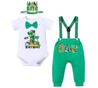 Wild One Baby Boy Cake Smash Outfit, Jungle Safari Themed First One Year Old Party Costume Shorts Sleeve Romper Trouser Suspenders Crown Headband 4pcs Photo Shooting Spring Fall Clothes Green 12-18M
