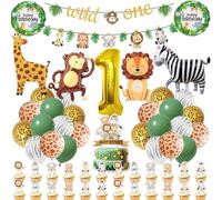Wild One Birthday Decorations Boys - 57 Pcs Jungle Safari Party Decorations Including Sage Green Banner, Number 1 Balloons, Monkey and Lion Balloon for First 1st Birthday Party Supplies