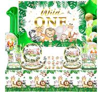 Wild One Birthday Decorations - Safari Jungle Birthday Supplies - Plates, Napkins, Tablecloths, Cups, Straws, Cake Topper, 1st Balloons, Animal Wild One Backdrop for 1st, Serves 20