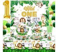 Wild One Birthday Decorations Supplies - Safari Jungle First Birthday Decorations - Plates, Napkins, Tablecloths, Straws, Cups, Cake Topper, Balloons, Animal Backdrop for 1st - Serves 20