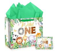 Wild One Birthday Gift Bags for Boys Jungle Animal 1st Birthday Wrapping Bag with Tissue Paper Greeting Card Safari Woodland Animal Favor Bag Baby Shower Party Supplies