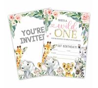 Wild One Birthday Party Invitation, Jungle Animals Invite Cards（20 Count) With Envelopes, Safari Zoo Fill In Style Invite Cards For Girls, Kids, Birthday Party Supplies-A45