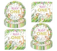 Wild One Birthday Party Supplies for 40 Guests - 80 Pcs Jungle Safari Theme Disposable Plates & Napkins Set, 7" Floral Animal Plates and Napkins for Girl’s 1st Birthday,Baby Shower,Jungle Theme Party