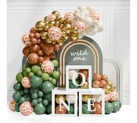 Wild One Boxes for 1st Birthday - 3Pcs One Balloon Boxes with ONE Letters + Green Safari Balloon Arch Kit Jungle 1st Birthday Decorations for Boys Wild One Safari Theme Backdrop Decoration 1 year old